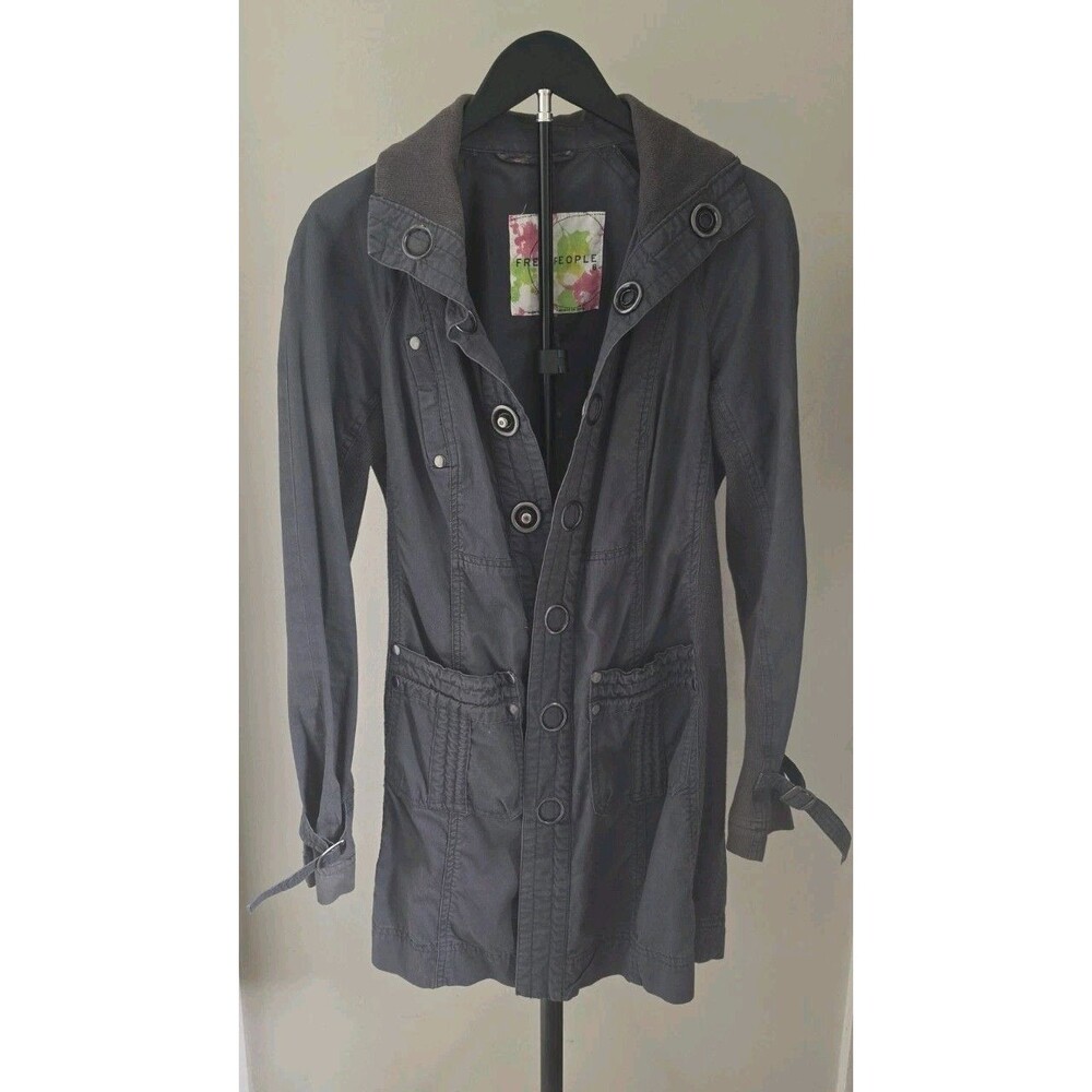 Free People Utility Trench Coat Jacket Women’s Sz 8 Gray Mixed Media Boho Cargo